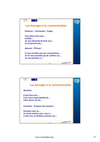 Les barrages à la communication
Ordonner - Commander - Exiger:
Vous devez faire cela...
Arrêtez...
Je vous demande de faire ceci...
Je ne permets pas...
Menacer - Effrayer :
Si vous ne faites pas ceci correctement...
Je ne vous conseille pas de l'utiliser car...
Je vous préviens si...
Page 33

Les barrages à la communication
Moraliser:
Il faut faire ceci...
C'est votre responsabilité de...
Votre devoir est de...
Conseiller - Proposer des solutions :
Pourquoi vous ne...
Ce serait meilleur pour vous si...
A mon avis, la meilleure solution est...

Page 34

www.conseilplus.org

17

 
