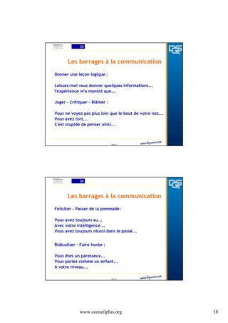 Les barrages à la communication
Donner une leçon logique :
Laissez-moi vous donner quelques informations...
l'expérience m'a montré que...
Juger - Critiquer - Blâmer :
Vous ne voyez pas plus loin que le bout de votre nez...
Vous avez tort...
C'est stupide de penser ainsi...

Page 35

Les barrages à la communication
Féliciter - Passer de la pommade:
Vous avez toujours su...
Avec votre intelligence...
Vous avez toujours réussi dans le passé...
Ridiculiser - Faire honte :
Vous êtes un paresseux...
Vous parlez comme un enfant...
A votre niveau...
Page 36

www.conseilplus.org

18

 