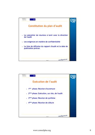 Constitution du plan d’audit

Le calendrier de réunions à tenir avec la direction
de l'audit
Les exigences en matière de confidentialité
La liste de diffusion du rapport d'audit et la date de
publication prévue.

Page 15

Exécution de l’audit
1ère phase: Réunion d'ouverture
2ème phase: Exécution, sur site, de l'audit
3ème phase: Réunion de synthèse
4ème phase: Réunion de clôture

Page 16

www.conseilplus.org

8

 