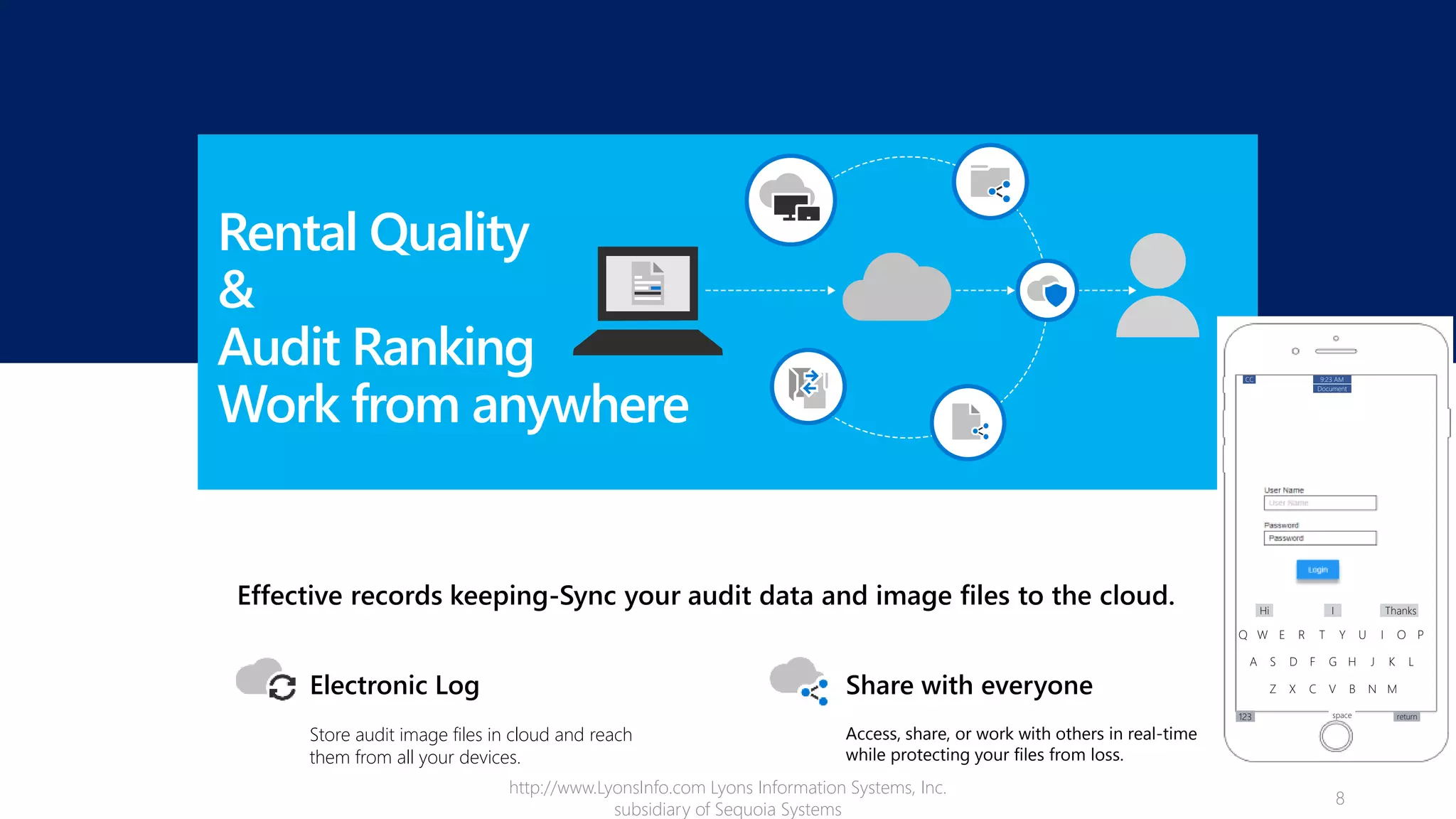 Rental Quality
&
Audit Ranking
Work from anywhere
Effective records keeping-Sync your audit data and image files to the cloud.
Electronic Log
Store audit image files in cloud and reach
them from all your devices.
Share with everyone
Access, share, or work with others in real-time
while protecting your files from loss.
Q W E R T Y U I O P
A S D F G H J K
Z X C V B N M
L
Hi I Thanks
123 space return
Document
9:23 AMCC
http://www.LyonsInfo.com Lyons Information Systems, Inc.
subsidiary of Sequoia Systems
8
 