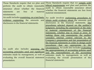 Those Standards require that we plan and
perform the audit to obtain reasonable
assurance about whether the financial
statements are free of material
misstatement.
An audit includes examining, on a test basis,
evidence supporting the amounts and
disclosures in the financial statements.
An audit also includes assessing the
accounting principles used and significant
estimates made by management, as well as
evaluating the overall financial statement
presentation.
Those Standards require that we comply with
ethical requirements and plan and perform the
audit to obtain reasonable assurance about
whether the financial statements are free from
material misstatement.
An audit involves performing procedures to
obtain audit evidence about the amounts and
disclosures in the financial statements. The
procedures selected depend on the auditor’s
judgment, including the assessment of the risks
of material misstatement of the financial
statements, whether due to fraud or error. In
making those risk assessments, the auditor
considers internal control relevant to the
Company’s preparation and fair presentation of
the financial statements in order to design audit
procedures that are appropriate in the
circumstances. An audit also includes evaluating
the appropriateness of accounting policies used
and the reasonableness of the accounting
estimates made by management, as well as
evaluating the overall presentation of the
financial statements.
 