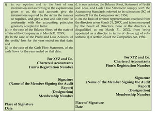 f) in our opinion and to the best of our
information and according to the explanations
given to us, the said accounts give the
information required by the Act in the manner
so required, and give a true and fair view, in
conformity with the accounting principles
generally accepted in India:
(a) in the case of the Balance Sheet, of the state of
affairs of the Company as at March 31, 20XX;
(b) in the case of the Profit and Loss Account, of
the profit/ loss for the year ended on that date;
and
(c) in the case of the Cash Flow Statement, of the
cash flows for the year ended on that date.
For XYZ and Co.
Chartered Accountants
Firm’s Registration Number
Signature
(Name of the Member Signing the Audit
Report)
(Designation)
Membership Number
Place of Signature
Date
d. in our opinion, the Balance Sheet, Statement of Profit
and Loss, and Cash Flow Statement comply with the
Accounting Standards referred to in subsection (3C) of
section 211 of the Companies Act, 1956;
e. on the basis of written representations received from
the directors as on March 31, 20XX, and taken on record
by the Board of Directors, none of the directors is
disqualified as on March 31, 20XX, from being
appointed as a director in terms of clause (g) of sub-
section (1) of section 274 of the Companies Act, 1956.
For XYZ and Co.
Chartered Accountants
Firm’s Registration Number
Signature
(Name of the Member Signing the Audit
Report)
(Designation)
Membership Number
Place of Signature
Date
 