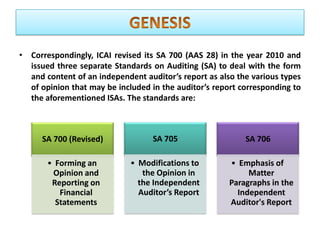• Correspondingly, ICAI revised its SA 700 (AAS 28) in the year 2010 and
issued three separate Standards on Auditing (SA) to deal with the form
and content of an independent auditor’s report as also the various types
of opinion that may be included in the auditor’s report corresponding to
the aforementioned ISAs. The standards are:
SA 700 (Revised)
• Forming an
Opinion and
Reporting on
Financial
Statements
SA 705
• Modifications to
the Opinion in
the Independent
Auditor’s Report
SA 706
• Emphasis of
Matter
Paragraphs in the
Independent
Auditor's Report
 