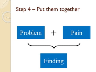 Step 4 – Put them together

Problem

+
Finding

Pain

 