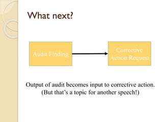 What next?

Audit Finding

Corrective
Action Request

Output of audit becomes input to corrective action.
(But that’s a topic for another speech!)

 