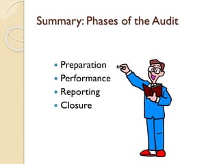 Summary: Phases of the Audit

Preparation
 Performance
 Reporting
 Closure


 