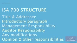 AUDIT REPORTING




ISA 700 STRUCTURE
Title & Addressee
Introductory paragraph
Management Responsibility
Auditor Responsibility
Any modifications
Opinion & other responsibilities
                                     Legal,
                                   regulatory
                                     aCOWtancy.com
 