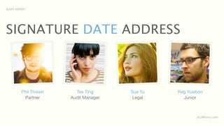 AUDIT REPORT




SIGNATURE DATE ADDRESS



         Phil Thissin     Tes Ting      Sue Yu   Reg Yulation
          Partner       Audit Manager    Legal     Junior



                                                          aCOWtancy.com
 