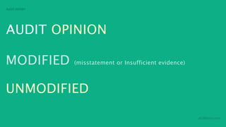 AUDIT REPORT




AUDIT OPINION

MODIFIED       (misstatement or Insufficient evidence)




UNMODIFIED

                                                         aCOWtancy.com
 