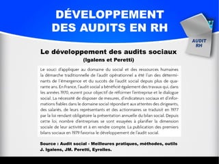 DÉVELOPPEMENT
DES AUDITS EN RH
Le développement des audits sociaux
(Igalens et Peretti)
Source : Audit social - Meilleures pratiques, méthodes, outils
J. Igalens, JM. Peretti, Eyrolles.
 