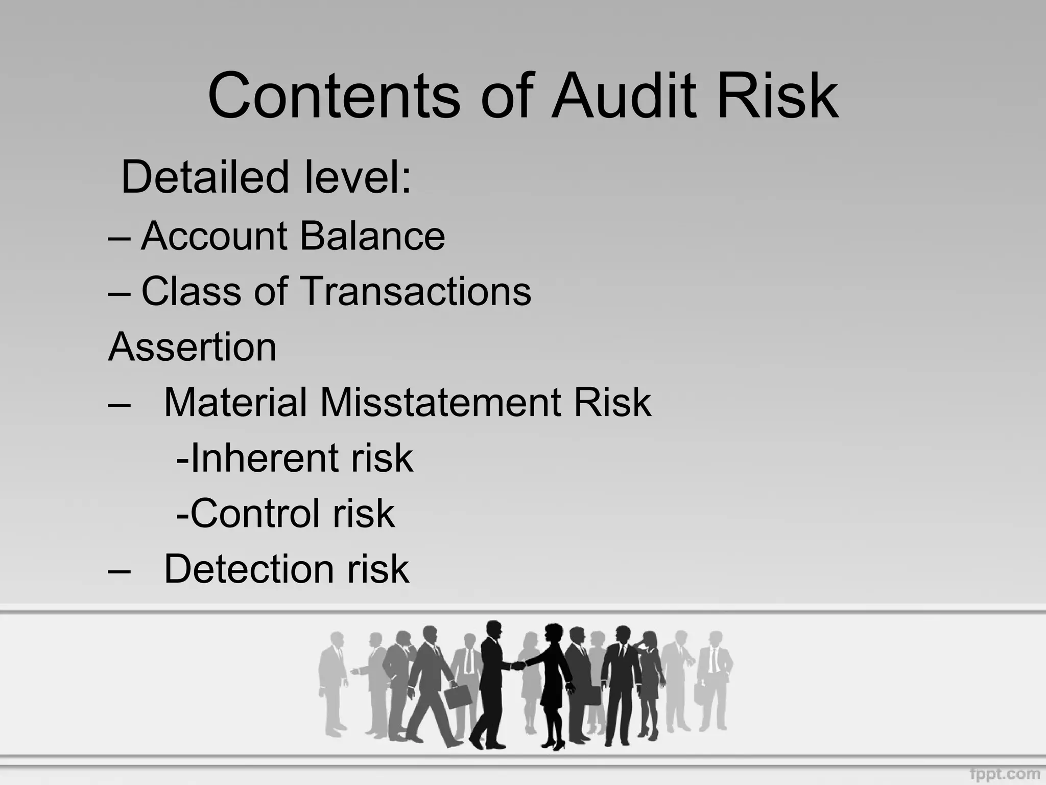 Contents of Audit Risk Detailed level: Account Balance Class of Transactions Assertion Material Misstatement Risk -Inherent risk -Control risk Detection risk
