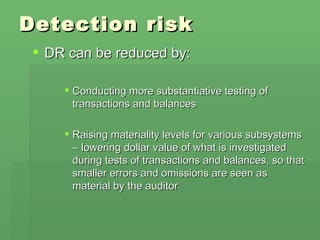 Detection risk DR can be reduced by: Conducting more substantiative testing of transactions and balances Raising materiality levels for various subsystems – lowering dollar value of what is investigated during tests of transactions and balances, so that smaller errors and omissions are seen as material by the auditor 
