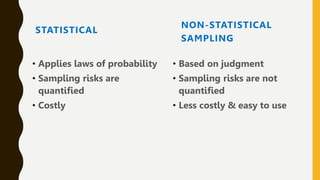 STATISTICAL
• Applies laws of probability
• Sampling risks are
quantified
• Costly
NON-STATISTICAL
SAMPLING
• Based on judgment
• Sampling risks are not
quantified
• Less costly & easy to use
 