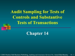 Audit Sampling for Tests of
               Controls and Substantive
                Tests of Transactions

                                     Chapter 14



©2003 Prentice Hall Business Publishing, Auditing and Assurance Services 9/e, Arens/Elder/Beasley   14 - 1
 