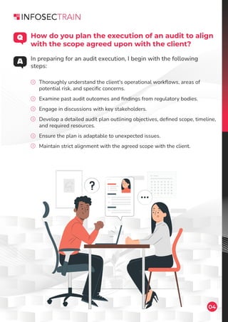 04
Thoroughly understand the client's operational workﬂows, areas of
potential risk, and speciﬁc concerns.
Examine past audit outcomes and ﬁndings from regulatory bodies.
Engage in discussions with key stakeholders.
Develop a detailed audit plan outlining objectives, deﬁned scope, timeline,
and required resources.
Ensure the plan is adaptable to unexpected issues.
Maintain strict alignment with the agreed scope with the client.
How do you plan the execution of an audit to align
with the scope agreed upon with the client?
In preparing for an audit execution, I begin with the following
steps:
 
