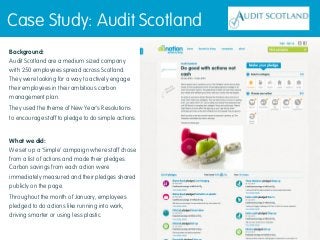 Case Study: Audit Scotland 
Background: 
Audit Scotland are a medium sized company 
with 250 employees spread across Scotland. 
They were looking for a way to actively engage 
their employees in their ambitious carbon 
management plan. 
They used the theme of New Year’s Resolutions 
to encourage staff to pledge to do simple actions. 
What we did: 
We set up a ‘Simple’ campaign where staff chose 
from a list of actions and made their pledges. 
Carbon savings from each action were 
immediately measured and their pledges shared 
publicly on the page. 
Throughout the month of January, employees 
pledged to do actions like running into work, 
driving smarter or using less plastic. 
 