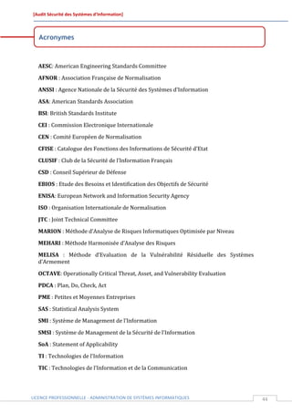 [Audit Sécurité des Systèmes d’Information]



   Acronymes



  AESC: American Engineering Standards Committee

  AFNOR : Association Française de Normalisation

  ANSSI : Agence Nationale de la Sécurité des Systèmes d’Information

  ASA: American Standards Association

  BSI: British Standards Institute

  CEI : Commission Electronique Internationale

  CEN : Comité Européen de Normalisation

  CFISE : Catalogue des Fonctions des Informations de Sécurité d’Etat

  CLUSIF : Club de la Sécurité de l’Information Français

  CSD : Conseil Supérieur de Défense

  EBIOS : Etude des Besoins et Identification des Objectifs de Sécurité

  ENISA: European Network and Information Security Agency

  ISO : Organisation Internationale de Normalisation

  JTC : Joint Technical Committee

  MARION : Méthode d’Analyse de Risques Informatiques Optimisée par Niveau

  MEHARI : Méthode Harmonisée d’Analyse des Risques

  MELISA : Méthode d’Evaluation de la Vulnérabilité Résiduelle des Systèmes
  d’Armement

  OCTAVE: Operationally Critical Threat, Asset, and Vulnerability Evaluation

  PDCA : Plan, Do, Check, Act

  PME : Petites et Moyennes Entreprises

  SAS : Statistical Analysis System

  SMI : Système de Management de l’Information

  SMSI : Système de Management de la Sécurité de l’Information

  SoA : Statement of Applicability

  TI : Technologies de l’Information

  TIC : Technologies de l’Information et de la Communication




LICENCE PROFESSIONNELLE - ADMINISTRATION DE SYSTÈMES INFORMATIQUES             44
 
