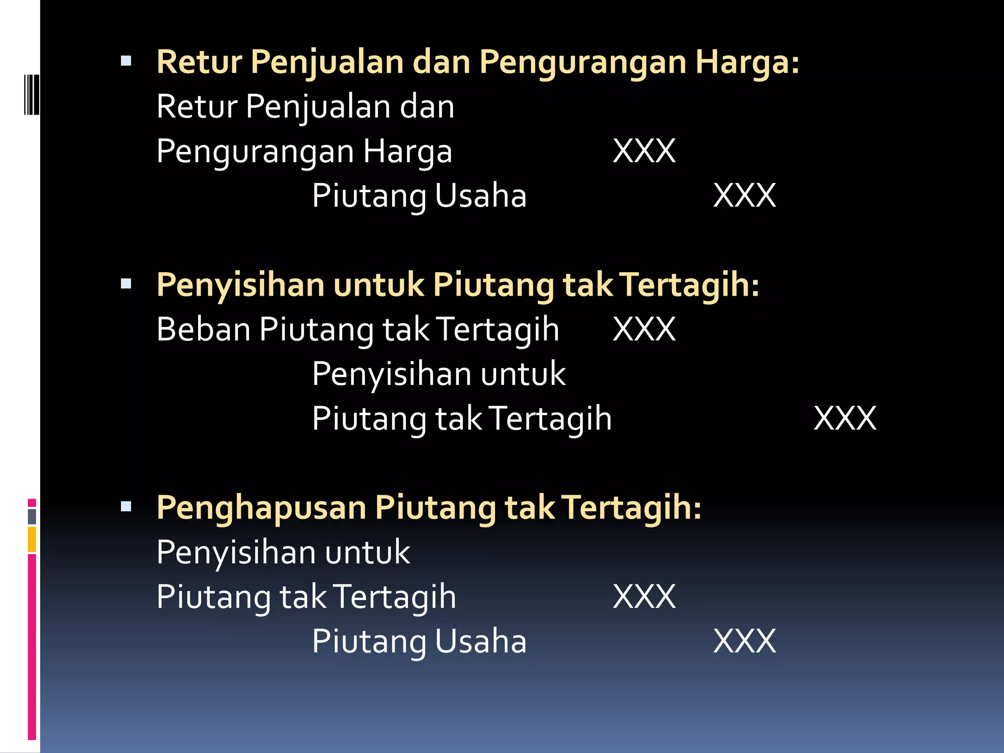  Retur Penjualan dan Pengurangan Harga:
  Retur Penjualan dan
  Pengurangan Harga           XXX
            Piutang Usaha             XXX

 Penyisihan untuk Piutang tak Tertagih:
  Beban Piutang tak Tertagih XXX
           Penyisihan untuk
           Piutang tak Tertagih             XXX

 Penghapusan Piutang tak Tertagih:
  Penyisihan untuk
  Piutang tak Tertagih        XXX
            Piutang Usaha             XXX
 