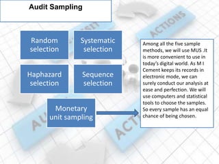 Audit Sampling
Random
selection
Systematic
selection
Haphazard
selection
Sequence
selection
Monetary
unit sampling
Among all the five sample
methods, we will use MUS .It
is more convenient to use in
today’s digital world. As M I
Cement keeps its records in
electronic mode, we can
surely conduct our analysis at
ease and perfection. We will
use computers and statistical
tools to choose the samples.
So every sample has an equal
chance of being chosen.
 