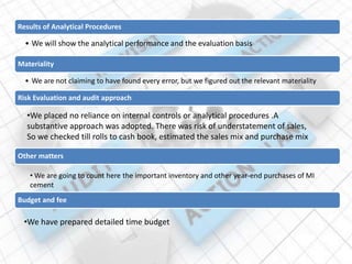 Results of Analytical Procedures
• We will show the analytical performance and the evaluation basis
Materiality
• We are not claiming to have found every error, but we figured out the relevant materiality
Risk Evaluation and audit approach
Other matters
Budget and fee
•We placed no reliance on internal controls or analytical procedures .A
substantive approach was adopted. There was risk of understatement of sales,
So we checked till rolls to cash book, estimated the sales mix and purchase mix
• We are going to count here the important inventory and other year-end purchases of MI
cement
•We have prepared detailed time budget
 