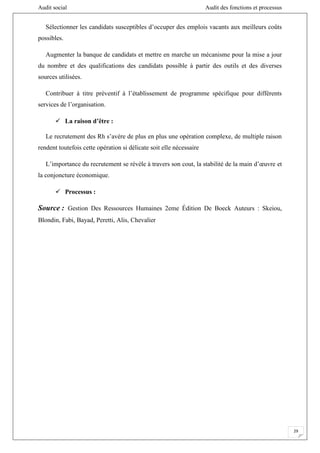 Audit social Audit des fonctions et processus
29
Sélectionner les candidats susceptibles d’occuper des emplois vacants aux meilleurs coûts
possibles.
Augmenter la banque de candidats et mettre en marche un mécanisme pour la mise a jour
du nombre et des qualifications des candidats possible à partir des outils et des diverses
sources utilisées.
Contribuer à titre préventif à l’établissement de programme spécifique pour différents
services de l’organisation.
 La raison d’être :
Le recrutement des Rh s’avère de plus en plus une opération complexe, de multiple raison
rendent toutefois cette opération si délicate soit elle nécessaire
L’importance du recrutement se révèle à travers son cout, la stabilité de la main d’œuvre et
la conjoncture économique.
 Processus :
Source : Gestion Des Ressources Humaines 2eme Édition De Boeck Auteurs : Skeiou,
Blondin, Fabi, Bayad, Peretti, Alis, Chevalier
 
