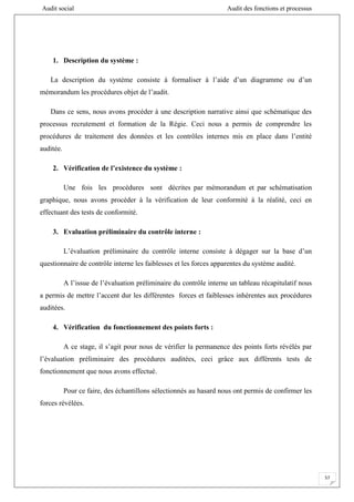 Audit social Audit des fonctions et processus
57
1. Description du système :
La description du système consiste à formaliser à l’aide d’un diagramme ou d’un
mémorandum les procédures objet de l’audit.
Dans ce sens, nous avons procéder à une description narrative ainsi que schématique des
processus recrutement et formation de la Régie. Ceci nous a permis de comprendre les
procédures de traitement des données et les contrôles internes mis en place dans l’entité
auditée.
2. Vérification de l’existence du système :
Une fois les procédures sont décrites par mémorandum et par schématisation
graphique, nous avons procéder à la vérification de leur conformité à la réalité, ceci en
effectuant des tests de conformité.
3. Evaluation préliminaire du contrôle interne :
L’évaluation préliminaire du contrôle interne consiste à dégager sur la base d’un
questionnaire de contrôle interne les faiblesses et les forces apparentes du système audité.
A l’issue de l’évaluation préliminaire du contrôle interne un tableau récapitulatif nous
a permis de mettre l’accent dur les différentes forces et faiblesses inhérentes aux procédures
auditées.
4. Vérification du fonctionnement des points forts :
A ce stage, il s’agit pour nous de vérifier la permanence des points forts révélés par
l’évaluation préliminaire des procédures auditées, ceci grâce aux différents tests de
fonctionnement que nous avons effectué.
Pour ce faire, des échantillons sélectionnés au hasard nous ont permis de confirmer les
forces révélées.
 