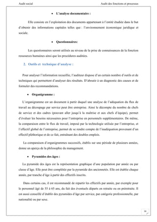 Audit social Audit des fonctions et processus
59
 L’analyse documentaire :
Elle consiste en l’exploitation des documents appartenant à l’entité étudiée dans le but
d’obtenir des informations capitales telles que : l’environnement économique juridique et
sociale.
 Questionnaires:
Les questionnaires seront utilisés au niveau de la prise de connaissances de la fonction
ressources humaines ainsi que les procédures auditées.
2. Outils et technique d’analyse :
Pour analyser l’information recueillie, l’auditeur dispose d’un certain nombre d’outils et de
techniques qui permettent d’analyser des résultats. D’aboutir à un diagnostic des causes et de
formuler des recommandations.
 Organigramme :
L’organigramme est un document à partir duquel une analyse de l’adéquation du flux de
travail au découpage par service peut être entreprise. Ainsi le décompte du nombre de chefs
de service et des cadres (pouvant aller jusqu’à la maîtrise et aux chefs d’équipe), permet
d’évaluer les besoins nécessaires pour l’entreprise en personnels supplémentaires. De même,
la comparaison entre le flux de travail, imposé par la technologie utilisée par l’entreprise, et
l’effectif global de l’entreprise, permet de se rendre compte de l’inadéquation provenant d’un
effectif pléthorique et de ce fait, entraînant des doubles emplois.
La comparaison d’organigrammes successifs, établis sur une période de plusieurs années,
donne un aperçu de la philosophie du management.
 Pyramides des âges :
La pyramide des âges est la représentation graphique d’une population par année ou par
classe d’âge. Elle peut être complétée par la pyramide des anciennetés. Elle est établie chaque
année, par tranche d’âge à partir des effectifs inscrits.
Dans certains cas, il est recommandé de repartir les effectifs par année, par exemple pour
le personnel âgé de 55 à 65 ans, du fait des éventuels départs en retraite ou en préretraite. Il
est aussi conseillé d’établir des pyramides d’âge par service, par catégorie professionnelle, par
nationalité ou par sexe.
 