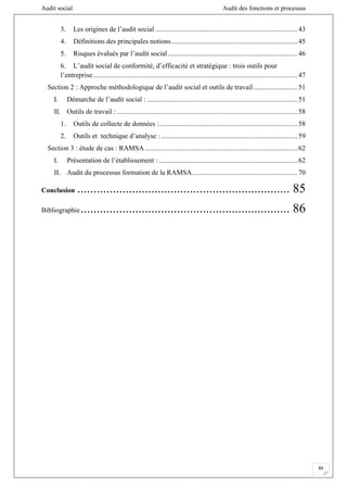 Audit social Audit des fonctions et processus
89
3. Les origines de l’audit social ................................................................................. 43
4. Définitions des principales notions........................................................................ 45
5. Risques évalués par l’audit social.......................................................................... 46
6. L’audit social de conformité, d’efficacité et stratégique : trois outils pour
l’entreprise..................................................................................................................... 47
Section 2 : Approche méthodologique de l’audit social et outils de travail ......................... 51
I. Démarche de l’audit social : ...................................................................................... 51
II. Outils de travail : ....................................................................................................... 58
1. Outils de collecte de données :............................................................................... 58
2. Outils et technique d’analyse :.............................................................................. 59
Section 3 : étude de cas : RAMSA ....................................................................................... 62
I. Présentation de l’établissement : ............................................................................... 62
II. Audit du processus formation de la RAMSA............................................................ 70
Conclusion .................................................................. 85
Bibliographie................................................................. 86
 