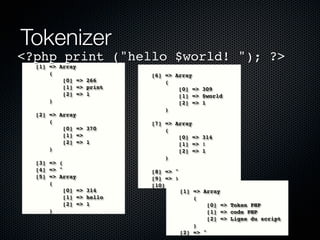 Tokenizer
<?php print ("hello $world! "); ?>
  [1] => Array
      (                   [6] => Array
          [0] => 266          (
          [1] => print            [0] => 309
          [2] => 1                [1] => $world
      )                           [2] => 1
                              )
  [2] => Array
      (                   [7] => Array
          [0] => 370          (
          [1] =>                  [0] => 314
          [2] => 1                [1] => !
      )                           [2] => 1
                              )
  [3] => (
  [4] => "                [8] => "
  [5] => Array            [9] => )
      (                   [10] => ;
           [0] => 314              [1] => Array
           [1] => hello                (
           [2] => 1                         [0] => Token PHP
      )                                     [1] => code PHP
                                            [2] => Ligne du script
                                       )
                                   [2] => "
 