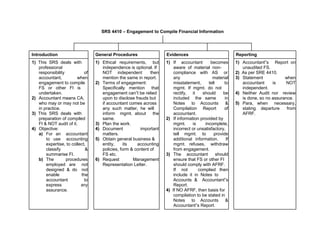 SRS 4410 – Engagement to Compile Financial Information
Introduction General Procedures Evidences Reporting
1) This SRS deals with 1) Ethical requirements, but 1) If accountant becomes 1) Accountant‟s Report on
professional independence is optional. If aware of material non- unaudited FS.
responsibility of NOT independent then compliance with AS or 2) As per SRE 4410.
accountant, when mention the same in report. any material 3) Statement when
engagement to compile 2) Terms of engagement: misstatement, tell to accountant is NOT
FS or other FI is Specifically mention that mgmt. If mgmt. do not independent.
undertaken. engagement can‟t be relied rectify, it should be 4) Neither Audit nor review
2) Accountant means CA, upon to disclose frauds but included the same in is done, so no assurance.
who may or may not be if accountant comes across Notes to Accounts & 5) Para, when necessary,
in practice. any such matter, he will Compilation Report of stating departure from
3) This SRS deals with inform mgmt. about the accountant. AFRF.
preparation of compiled same. 2) If information provided by
FI & NOT audit of it. 3) Plan the work. mgmt. is incomplete,
4) Objective: 4) Document important incorrect or unsatisfactory,
a) For an accountant matters. tell mgmt. to provide
to use accounting 5) Obtain general business & additional information. If
expertise, to collect, entity, its accounting mgmt. refuses, withdraw
classify & policies, form & content of from engagement.
summarise FI. FS etc. 3) The accountant should
b) The procedures 6) Request Management ensure that FS or other FI
employed are not Representation Letter. should comply with AFRF.
designed & do not If not complied then
enable the include it in Notes to
accountant to Accounts & Accountant‟s
express any Report.
assurance. 4) If NO AFRF, then basis for
compilation to be stated in
Notes to Accounts &
Accountant‟s Report.
 
