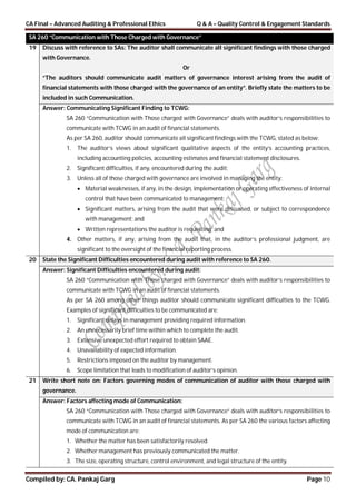CA Final – Advanced Auditing & Professional Ethics Q & A – Quality Control & Engagement Standards
Compiled by: CA. Pankaj Garg Page 10
SA 260 “Communication with Those Charged with Governance”
19 Discuss with reference to SAs: The auditor shall communicate all significant findings with those charged
with Governance.
Or
“The auditors should communicate audit matters of governance interest arising from the audit of
financial statements with those charged with the governance of an entity”. Briefly state the matters to be
included in such Communication.
Answer: Communicating Significant Finding to TCWG:
SA 260 “Communication with Those charged with Governance” deals with auditor’s responsibilities to
communicate with TCWG in an audit of financial statements.
As per SA 260, auditor should communicate all significant findings with the TCWG, stated as below:
1. The auditor’s views about significant qualitative aspects of the entity’s accounting practices,
including accounting policies, accounting estimates and financial statement disclosures.
2. Significant difficulties, if any, encountered during the audit;
3. Unless all of those charged with governance are involved in managing the entity:
 Material weaknesses, if any, in the design, implementation or operating effectiveness of internal
control that have been communicated to management;
 Significant matters, arising from the audit that were discussed, or subject to correspondence
with management; and
 Written representations the auditor is requesting; and
4. Other matters, if any, arising from the audit that, in the auditor’s professional judgment, are
significant to the oversight of the financial reporting process.
20 State the Significant Difficulties encountered during audit with reference to SA 260.
Answer: Significant Difficulties encountered during audit:
SA 260 “Communication with Those charged with Governance” deals with auditor’s responsibilities to
communicate with TCWG in an audit of financial statements.
As per SA 260 among other things auditor should communicate significant difficulties to the TCWG.
Examples of significant difficulties to be communicated are:
1. Significant delays in management providing required information.
2. An unnecessarily brief time within which to complete the audit.
3. Extensive unexpected effort required to obtain SAAE.
4. Unavailability of expected information.
5. Restrictions imposed on the auditor by management.
6. Scope limitation that leads to modification of auditor’s opinion.
21 Write short note on: Factors governing modes of communication of auditor with those charged with
governance.
Answer: Factors affecting mode of Communication:
SA 260 “Communication with Those charged with Governance” deals with auditor’s responsibilities to
communicate with TCWG in an audit of financial statements. As per SA 260 the various factors affecting
mode of communication are:
1. Whether the matter has been satisfactorily resolved.
2. Whether management has previously communicated the matter.
3. The size, operating structure, control environment, and legal structure of the entity.
 