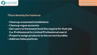 Get Control &
Optimize Cost
License Cloud Experts
Thisisdonebyforinstance:
-Cleanupunwantedinstallations
-Cleanuprogueaccounts
-Getuserstothelowestleveltherequirefortheirjob
(i.e.ProfessionaltoLimitedProfessionalusers)
-Properlyassignproductstothecorrectbundles
-Addressfalsepositives
 