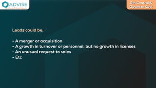 Get Control &
Optimize Cost
License Cloud Experts
Leads could be:
- A merger or acquisition
- A growth in turnover or personnel, but no growth in licenses
- An unusual request to sales
- Etc
 