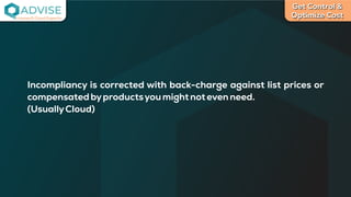 Get Control &
Optimize Cost
License Cloud Experts
Incompliancy is corrected with back-charge against list prices or
compensatedbyproductsyoumightnotevenneed.
(UsuallyCloud)
 