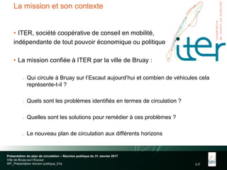 p.2
La mission et son contexte
• ITER, société coopérative de conseil en mobilité,
indépendante de tout pouvoir économique ou politique
• La mission confiée à ITER par la ville de Bruay :
 Qui circule à Bruay sur l’Escaut aujourd’hui et combien de véhicules cela
représente-t-il ?
 Quels sont les problèmes identifiés en termes de circulation ?
 Quelles sont les solutions pour remédier à ces problèmes ?
 Le nouveau plan de circulation aux différents horizons
Présentation du plan de circulation – Réunion publique du 31 Janvier 2017
Ville de Bruay-sur-l’Escaut
WF_Présentation réunion publique_01a
 