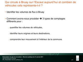 p.5
Qui circule à Bruay sur l’Escaut aujourd’hui et combien de
véhicules cela représente-t-il ?
• Identifier les volumes de flux à Bruay
• Comment avons-nous procéder  3 types de comptages
différents pour :
 quantifier les volumes de véhicules,
 identifier leurs origines et leurs destinations,
 comprendre leur mouvement à l’intérieur de la commune.
Présentation du plan de circulation – Réunion publique du 31 Janvier 2017
Ville de Bruay-sur-l’Escaut
WF_Présentation réunion publique_01a
 
