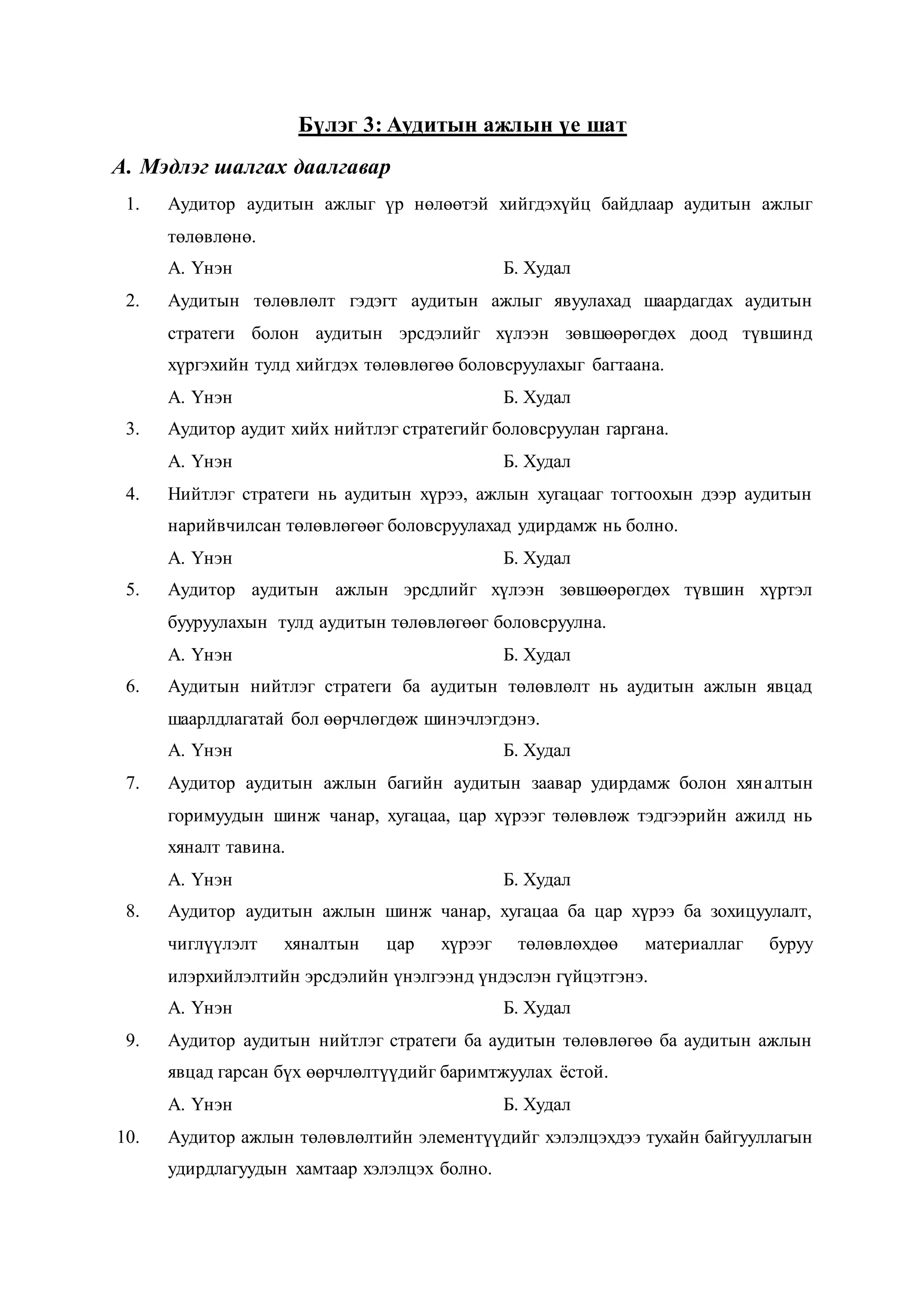 Бүлэг 3: Аудитын ажлын үе шат
A. Мэдлэг шалгах даалгавар
1. Аудитор аудитын ажлыг үр нөлөөтэй хийгдэхүйц байдлаар аудитын ажлыг
төлөвлөнө.
А. Үнэн Б. Худал
2. Аудитын төлөвлөлт гэдэгт аудитын ажлыг явуулахад шаардагдах аудитын
стратеги болон аудитын эрсдэлийг хүлээн зөвшөөрөгдөх доод түвшинд
хүргэхийн тулд хийгдэх төлөвлөгөө боловсруулахыг багтаана.
А. Үнэн Б. Худал
3. Аудитор аудит хийх нийтлэг стратегийг боловсруулан гаргана.
А. Үнэн Б. Худал
4. Нийтлэг стратеги нь аудитын хүрээ, ажлын хугацааг тогтоохын дээр аудитын
нарийвчилсан төлөвлөгөөг боловсруулахад удирдамж нь болно.
А. Үнэн Б. Худал
5. Аудитор аудитын ажлын эрсдлийг хүлээн зөвшөөрөгдөх түвшин хүртэл
бууруулахын тулд аудитын төлөвлөгөөг боловсруулна.
А. Үнэн Б. Худал
6. Аудитын нийтлэг стратеги ба аудитын төлөвлөлт нь аудитын ажлын явцад
шаарлдлагатай бол өөрчлөгдөж шинэчлэгдэнэ.
А. Үнэн Б. Худал
7. Аудитор аудитын ажлын багийн аудитын заавар удирдамж болон хяналтын
горимуудын шинж чанар, хугацаа, цар хүрээг төлөвлөж тэдгээрийн ажилд нь
хяналт тавина.
А. Үнэн Б. Худал
8. Аудитор аудитын ажлын шинж чанар, хугацаа ба цар хүрээ ба зохицуулалт,
чиглүүлэлт хяналтын цар хүрээг төлөвлөхдөө материаллаг буруу
илэрхийлэлтийн эрсдэлийн үнэлгээнд үндэслэн гүйцэтгэнэ.
А. Үнэн Б. Худал
9. Аудитор аудитын нийтлэг стратеги ба аудитын төлөвлөгөө ба аудитын ажлын
явцад гарсан бүх өөрчлөлтүүдийг баримтжуулах ёстой.
А. Үнэн Б. Худал
10. Аудитор ажлын төлөвлөлтийн элементүүдийг хэлэлцэхдээ тухайн байгууллагын
удирдлагуудын хамтаар хэлэлцэх болно.
 