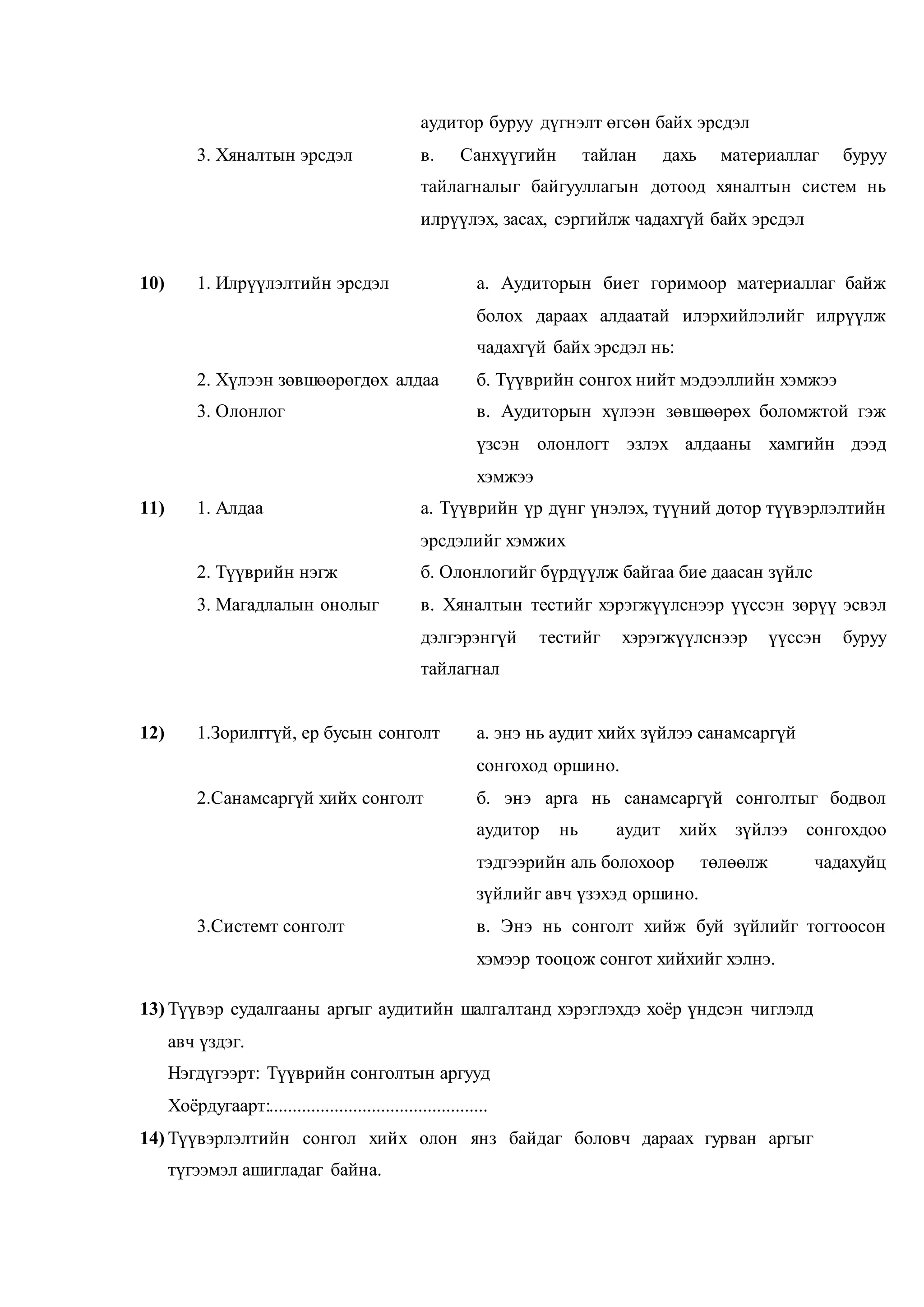 13) Түүвэр судалгааны аргыг аудитийн шалгалтанд хэрэглэхдэ хоёр үндсэн чиглэлд
авч үздэг.
Нэгдүгээрт: Түүврийн сонголтын аргууд
Хоёрдугаарт:...............................................
14) Түүвэрлэлтийн сонгол хийх олон янз байдаг боловч дараах гурван аргыг
түгээмэл ашигладаг байна.
аудитор буруу дүгнэлт өгсөн байх эрсдэл
3. Хяналтын эрсдэл в. Санхүүгийн тайлан дахь материаллаг буруу
тайлагналыг байгууллагын дотоод хяналтын систем нь
илрүүлэх, засах, сэргийлж чадахгүй байх эрсдэл
10) 1. Илрүүлэлтийн эрсдэл а. Аудиторын биет горимоор материаллаг байж
болох дараах алдаатай илэрхийлэлийг илрүүлж
чадахгүй байх эрсдэл нь:
2. Хүлээн зөвшөөрөгдөх алдаа б. Түүврийн сонгох нийт мэдээллийн хэмжээ
3. Олонлог в. Аудиторын хүлээн зөвшөөрөх боломжтой гэж
үзсэн олонлогт эзлэх алдааны хамгийн дээд
хэмжээ
11) 1. Алдаа а. Түүврийн үр дүнг үнэлэх, түүний дотор түүвэрлэлтийн
эрсдэлийг хэмжих
2. Түүврийн нэгж б. Олонлогийг бүрдүүлж байгаа бие даасан зүйлс
3. Магадлалын онолыг в. Хяналтын тестийг хэрэгжүүлснээр үүссэн зөрүү эсвэл
дэлгэрэнгүй тестийг хэрэгжүүлснээр үүссэн буруу
тайлагнал
12) 1.Зорилггүй, ер бусын сонголт а. энэ нь аудит хийх зүйлээ санамсаргүй
сонгоход оршино.
2.Санамсаргүй хийх сонголт б. энэ арга нь санамсаргүй сонголтыг бодвол
аудитор нь аудит хийх зүйлээ сонгохдоо
тэдгээрийн аль болохоор төлөөлж чадахуйц
зүйлийг авч үзэхэд оршино.
3.Системт сонголт в. Энэ нь сонголт хийж буй зүйлийг тогтоосон
хэмээр тооцож сонгот хийхийг хэлнэ.
 