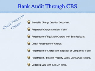 Equitable Charge Creation Document.
!
Registered Charge Creation, if any.
!
Registration of Equitable Charge, with Sub Registrar.
!
Cersai Registration of Charge.
!
Registration of Charge with Registrar of Companies, if any.
!
Registration / Boja on Property Card / City Survey Record.
!
Updating Data with CIBIL in Time.
Check Points in
Charge
Bank Audit Through CBS
 