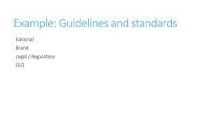 Example: Guidelines and standards
Editorial
Brand
Legal / Regulatory
SEO
 