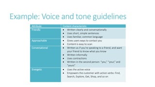 Example: Voice and tone guidelines
Attribute Content characteristic
Friendly  Written clearly and conversationally
 Uses short, simple sentences
 Uses familiar, common language
Approachable  Gives users ways to contact you
 Content is easy to scan
Conversational  Written as if you’re speaking to a friend, and want
your friend to know what you know
 Written informally
 Uses contractions
 Written in the second person: “you,” “your,” and
“yours”
Energetic  Uses the active voice
 Empowers the customer with action verbs: Find,
Search, Explore, Get, Shop, and so on
 