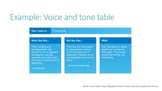 Example: Voice and tone table
Source: Kevan Gilbert, https://blog.gathercontent.com/a-simple-tool-to-guide-tone-of-voice
 