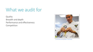 What we audit for
Quality
Breadth and depth
Performance and effectiveness
Competition
 