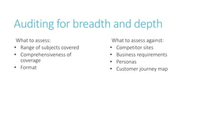 Auditing for breadth and depth
What to assess:
• Range of subjects covered
• Comprehensiveness of
coverage
• Format
What to assess against:
• Competitor sites
• Business requirements
• Personas
• Customer journey map
 