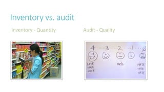 Inventory vs. audit
Inventory - Quantity Audit - Quality
 