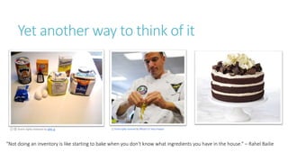 Yet another way to think of it
Some rights reserved by phil_g
"Not doing an inventory is like starting to bake when you don't know what ingredients you have in the house.“ – Rahel Bailie
 