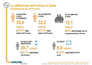 La diffusione dell’online in Italia
Popolazione di 18-74 anni
Base: totale individui 18-74 anni (=43.357.000) – Valori % e...