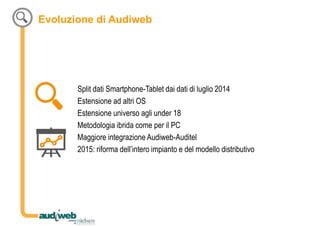 Evoluzione di Audiweb
Split dati Smartphone-Tablet dai dati di luglio 2014
Estensione ad altri OS
Estensione universo agli...