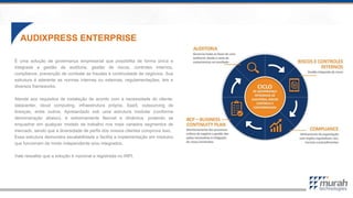 É uma solução de governança empresarial que possibilita de forma única e
integrada a gestão de auditoria, gestão de riscos, controles internos,
compliance, prevenção de combate as fraudes e continuidade de negócios. Sua
estrutura é aderente as normas internas ou externas, regulamentações, leis e
diversos frameworks.
Atende aos requisitos de instalação de acordo com a necessidade do cliente:
datacenter, cloud computing, infraestrutura própria, SaaS, outsourcing de
licenças, entre outros. Apresentado sob uma estrutura modular (conforme
demonstração abaixo), é extremamente flexível e dinâmica, podendo se
enquadrar em qualquer modelo de trabalho nos mais variados segmentos de
mercado, sendo que a diversidade de perfis dos nossos clientes comprova isso.
Essa estrutura demonstra escalabilidade e facilita a implementação em módulos
que funcionam de modo independente e/ou integrados.
Vale ressaltar que a solução é nacional e registrada no INPI.
AUDIXPRESS ENTERPRISE
 
