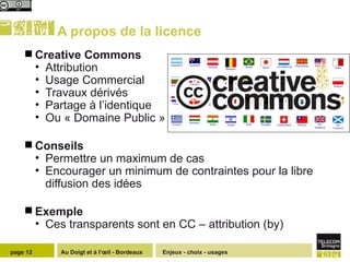 A propos de la licence Creative Commons Attribution Usage Commercial Travaux dérivés Partage à l’identique Ou « Domaine Public » Conseils Permettre un maximum de cas Encourager un minimum de contraintes pour la libre diffusion des idées Exemple Ces transparents sont en CC – attribution (by) Enjeux - choix - usages page  